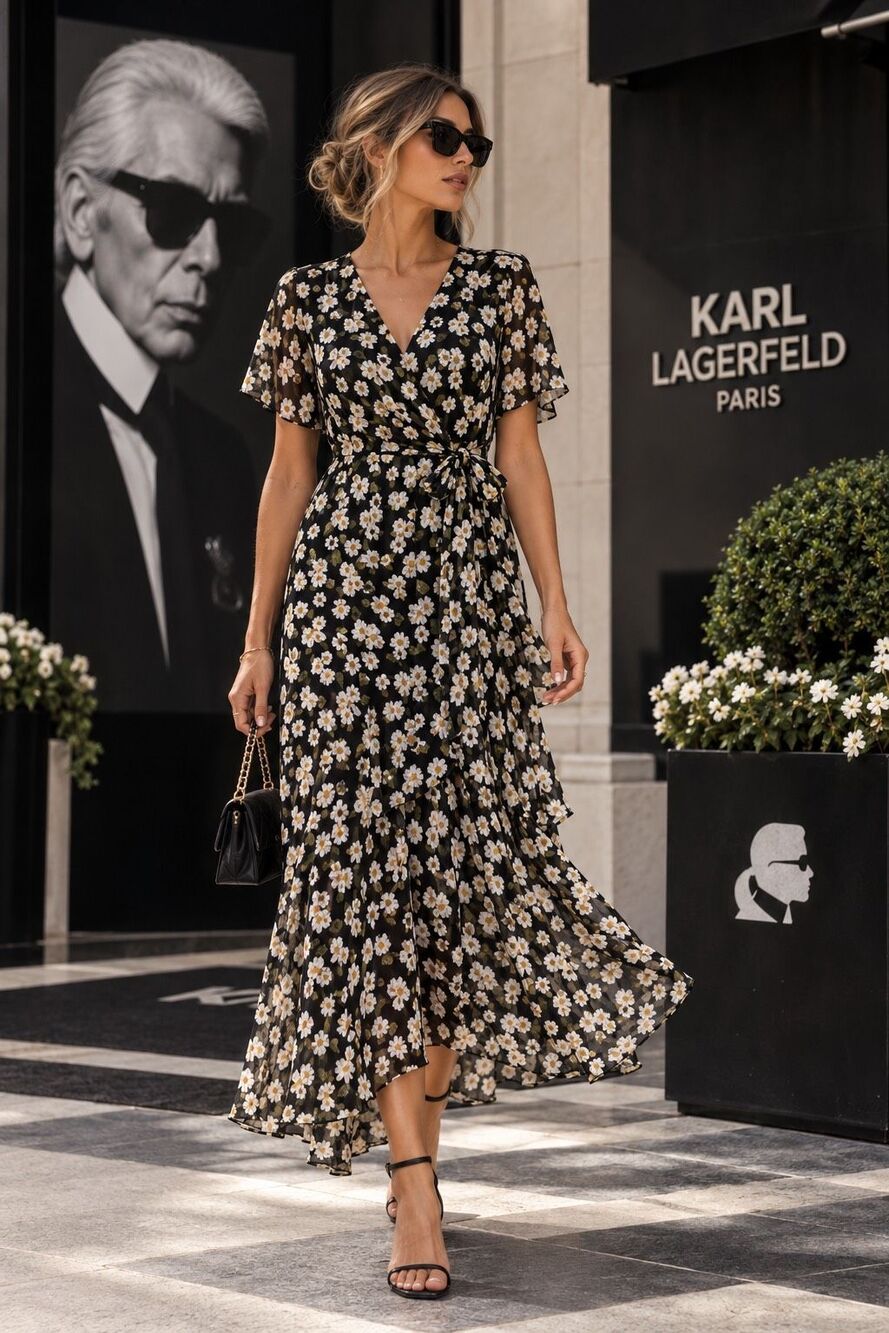 Karl Lagerfeld Paris Black Daisy Floral Wrap Tie Waist Maxi Dress Size 8